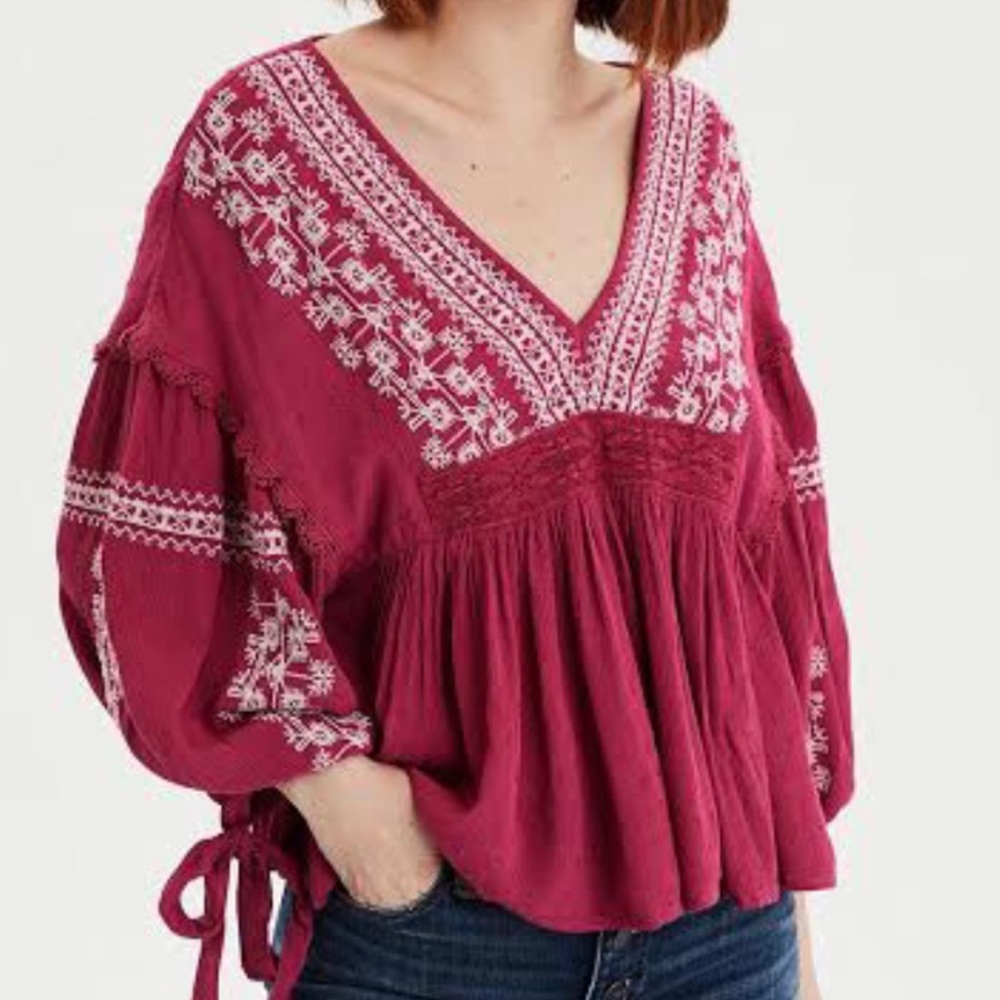 American Eagle Embroidered Bell Sleeve Tie Blouse